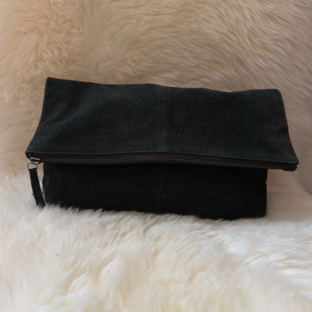 Black slouchy suede leather fold over clutch bag with zip closure